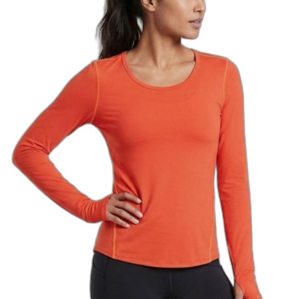Athleta Women's Chi Orange Reflective Tape Scoopneck Activewear LS Top Size S